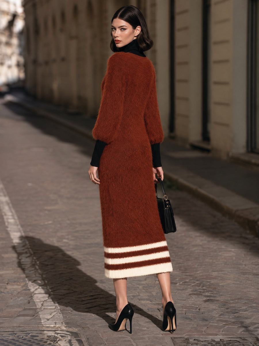 Fuzzy-Knit Layered-Look Midi Dress