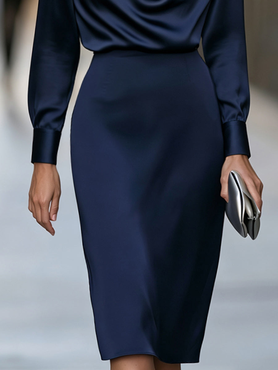Elegant Draped Cowl Neck Satin Midi Dress