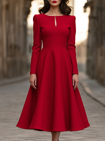 Keyhole-Neck Structured A-Line Midi Dress