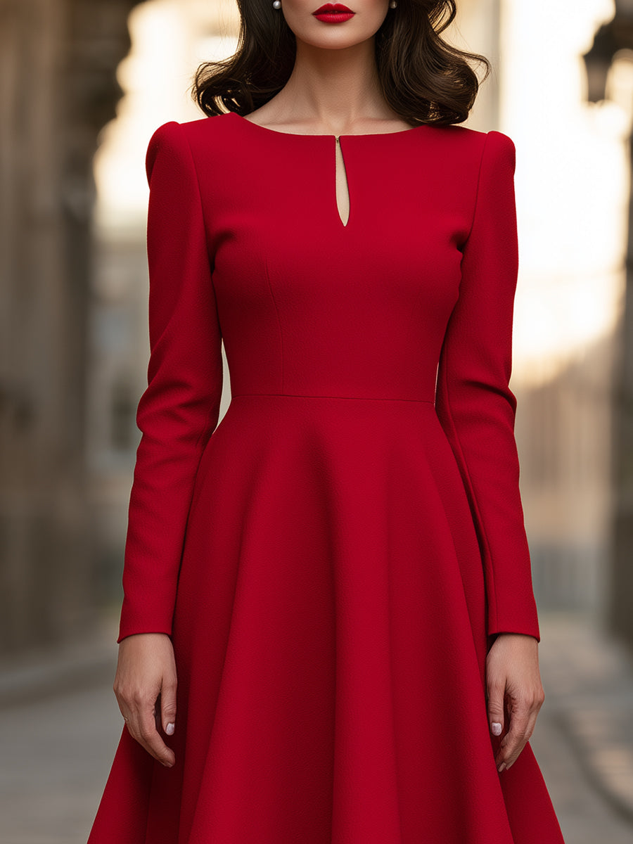 Keyhole-Neck Structured A-Line Midi Dress