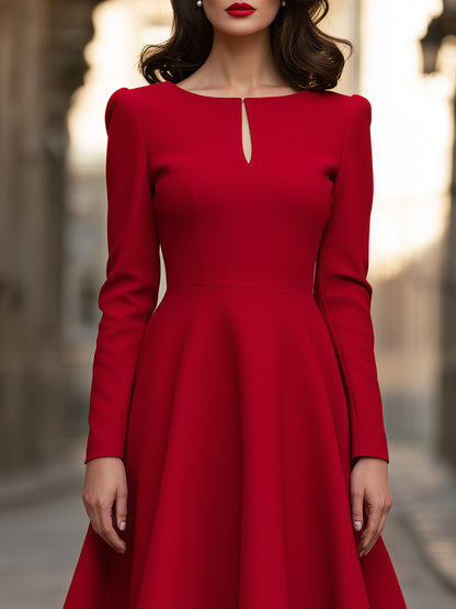 Keyhole-Neck Structured A-Line Midi Dress