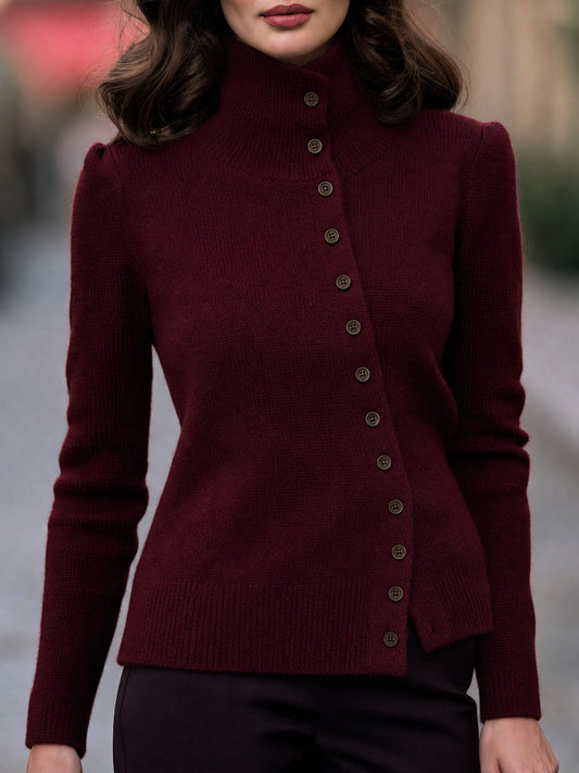 Asymmetric Button High-Neck Knit Cardigan