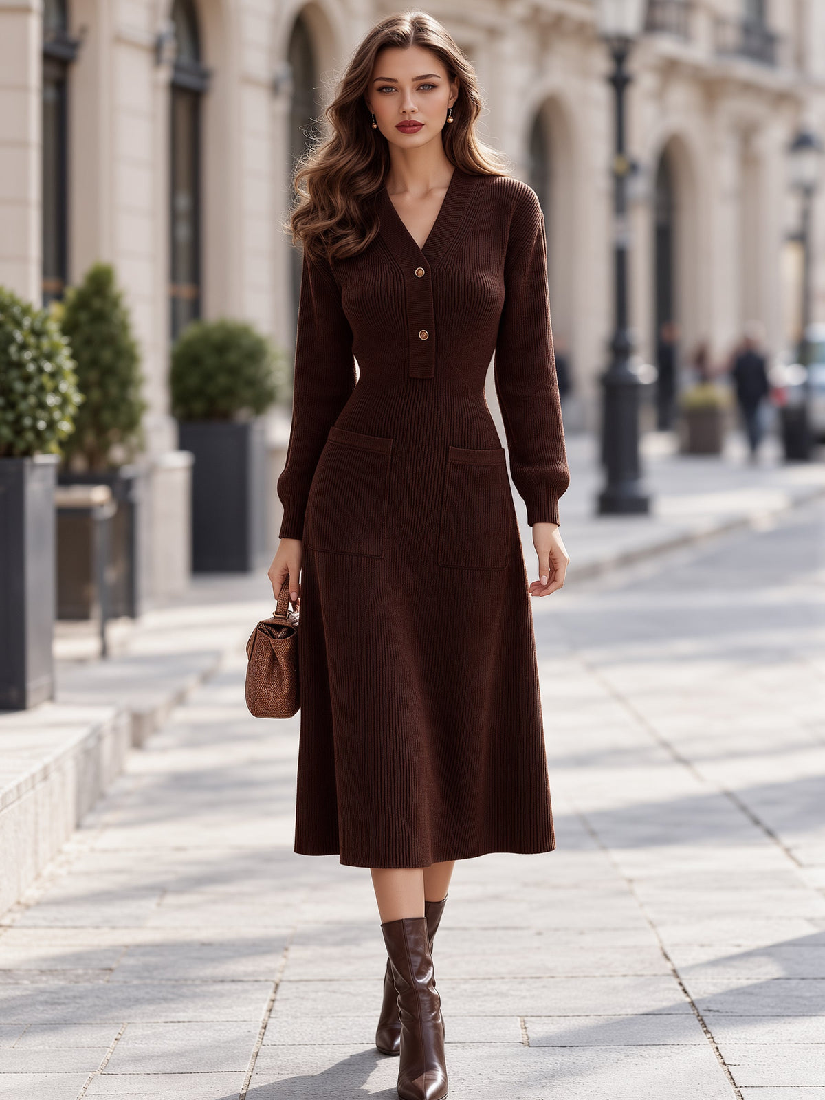 Ribbed Knit V-Neck Pocket Midi Dress