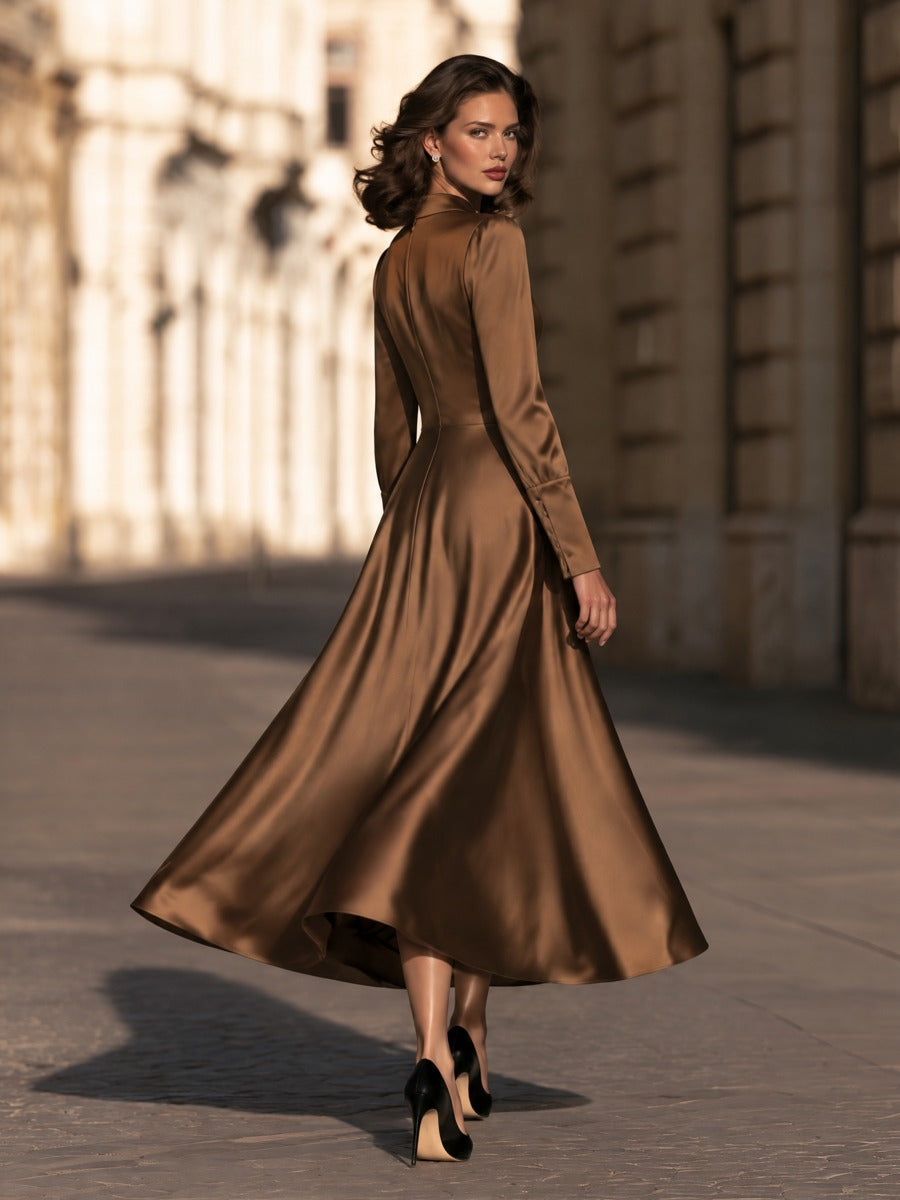 Mock-Neck Satin A-Line Midi Dress