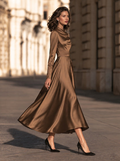 Mock-Neck Satin A-Line Midi Dress