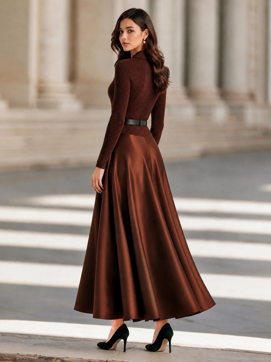 Elegant Lapel Ribbed Knit & Satin Patchwork Maxi Dress