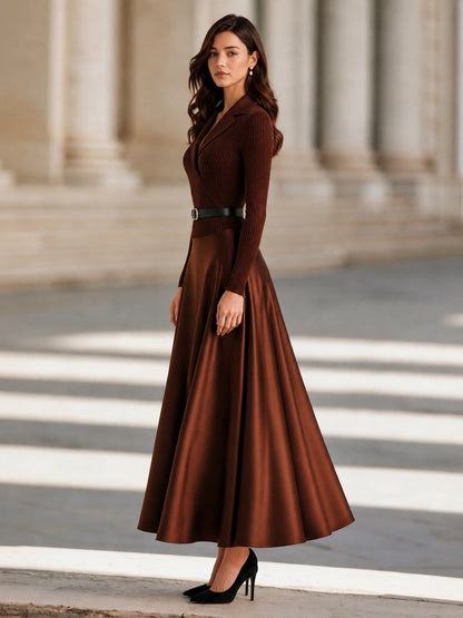 Elegant Lapel Ribbed Knit & Satin Patchwork Maxi Dress