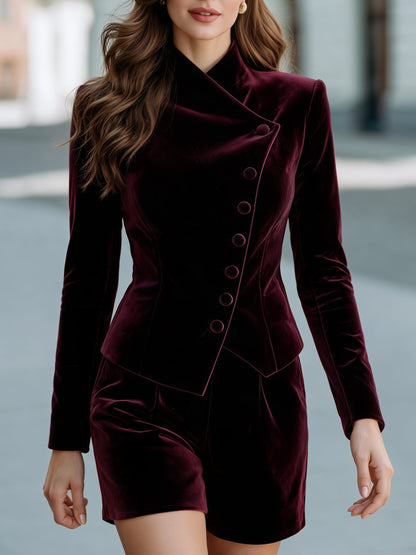 Asymmetric Velvet Blazer & Tailored Shorts Set