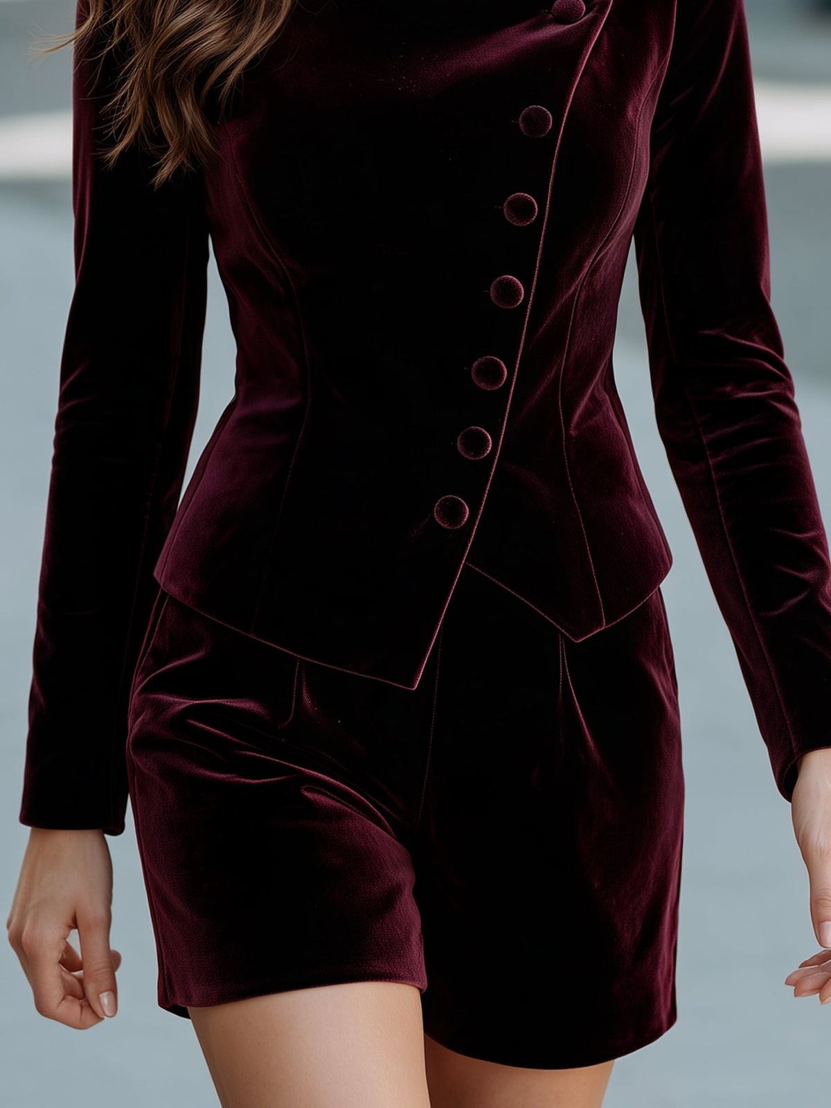 Asymmetric Velvet Blazer & Tailored Shorts Set