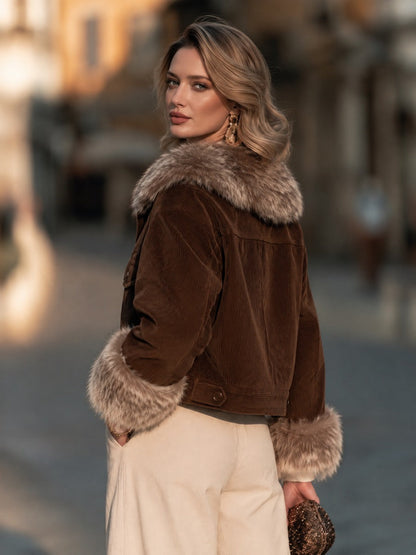 Women's Faux Fur Trim Corduroy Cropped Jacket