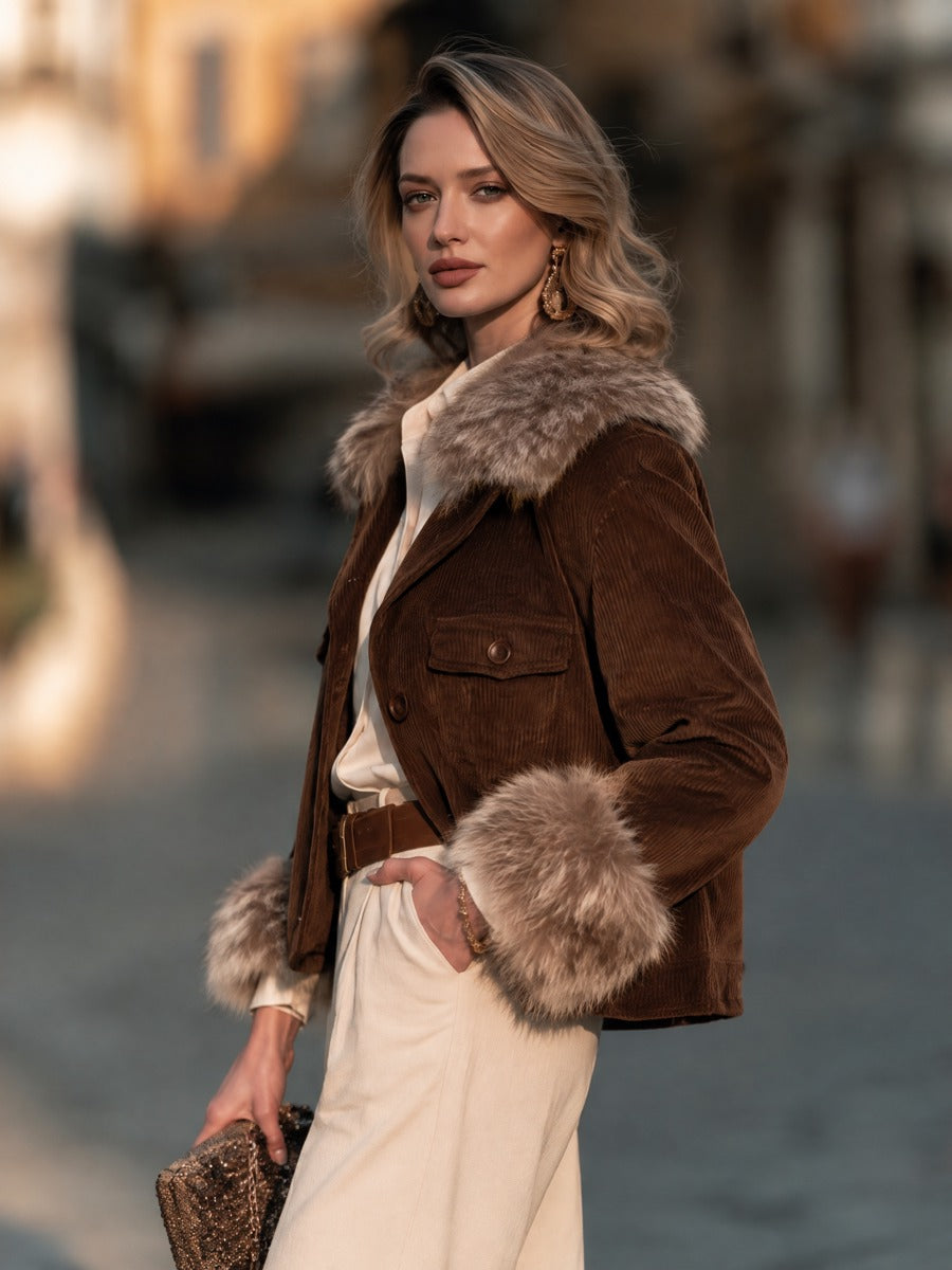 Women's Faux Fur Trim Corduroy Cropped Jacket