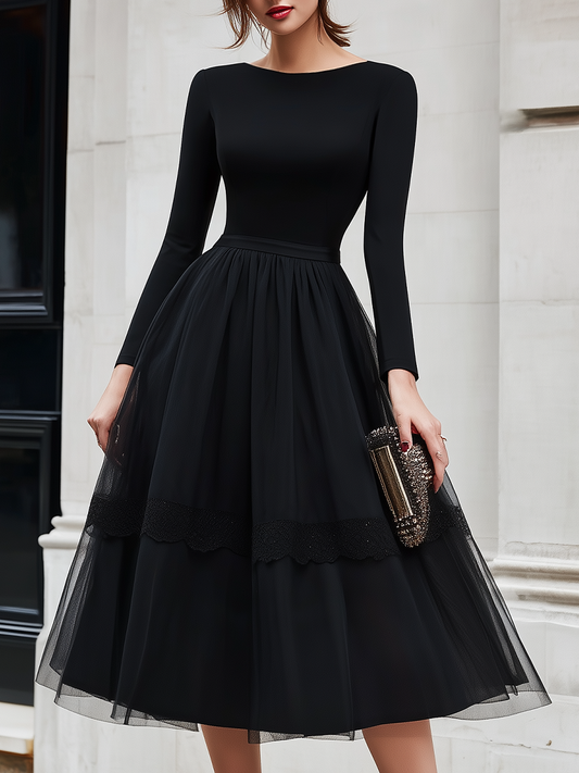 Boat Neck Long Sleeve Fitted Bodice Tulle Overlay Lace Trim Fit And Flare Midi Dress