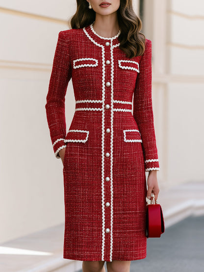 Red Scalloped Trim Pearl Button Tweed Midi Dress