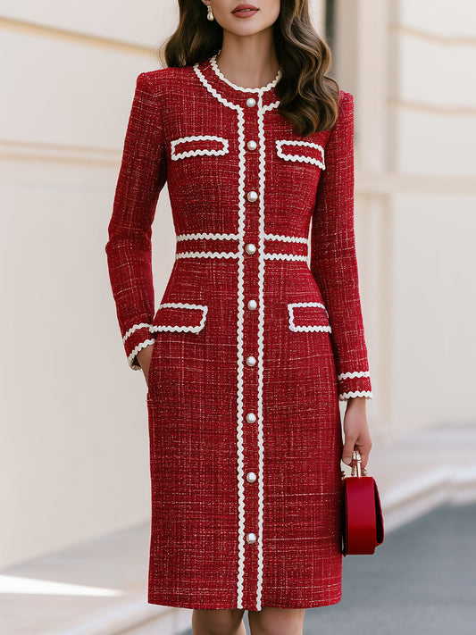 Red Scalloped Trim Pearl Button Tweed Midi Dress