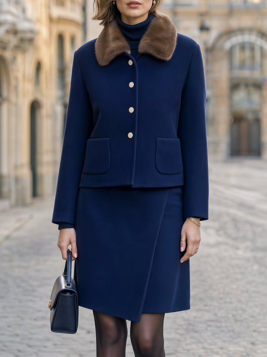 Faux Fur Collar Jacket & Wrap Skirt Tailored Set
