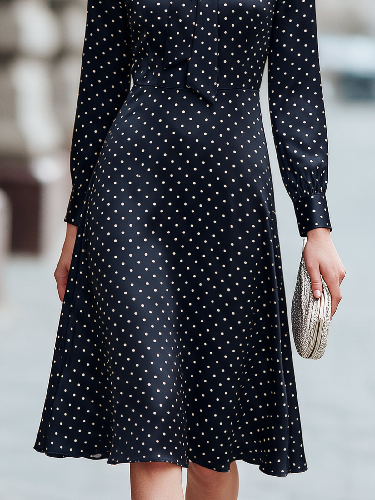 Women's Polka Dot Tie-Neck Long Sleeve A-Line Midi Dress