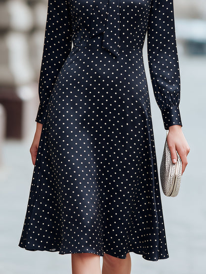 Women's Polka Dot Tie-Neck Long Sleeve A-Line Midi Dress