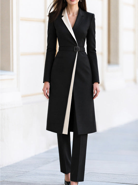 Black Contrast Lapel Belted Long Blazer Pant Two Piece Co‑Ord Set