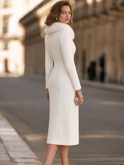 Faux Fur Collar Asymmetric Button Long Sleeve Midi Dress