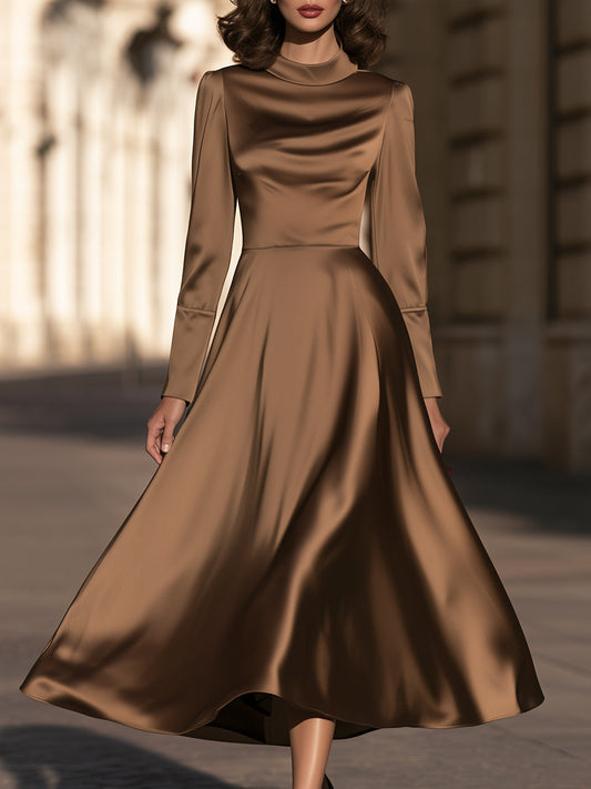 Mock-Neck Satin A-Line Midi Dress