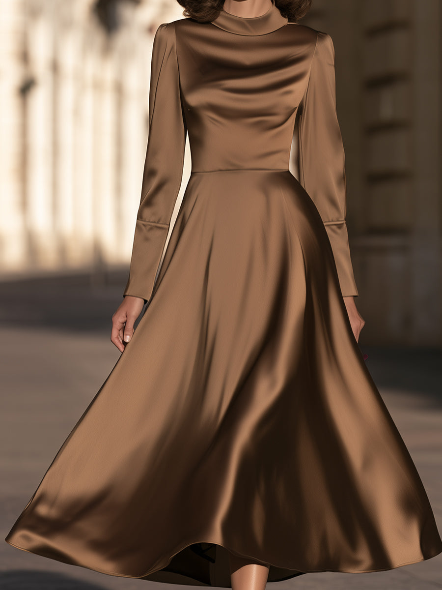 Mock-Neck Satin A-Line Midi Dress