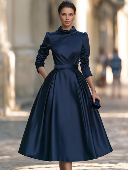 High-Neck Self-belt Satin Midi Dress