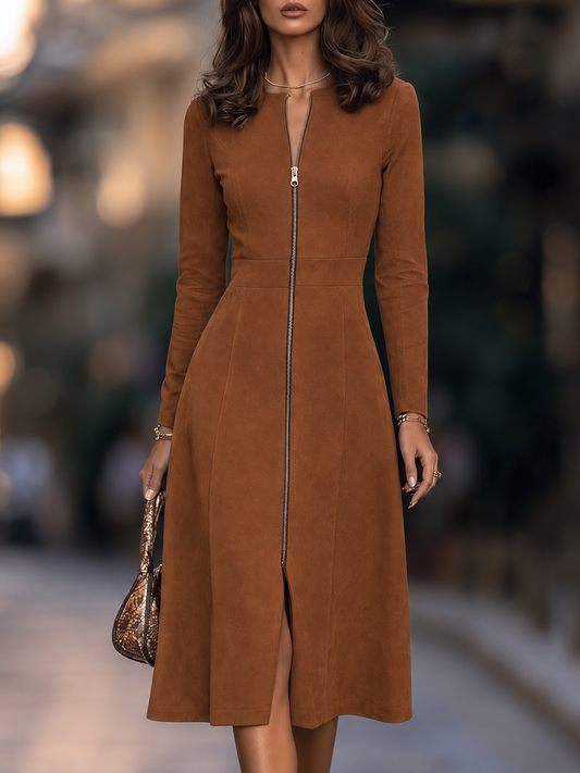 Women's Suede Front-Zip Long Sleeve Midi Dress Elegant A-Line Fit