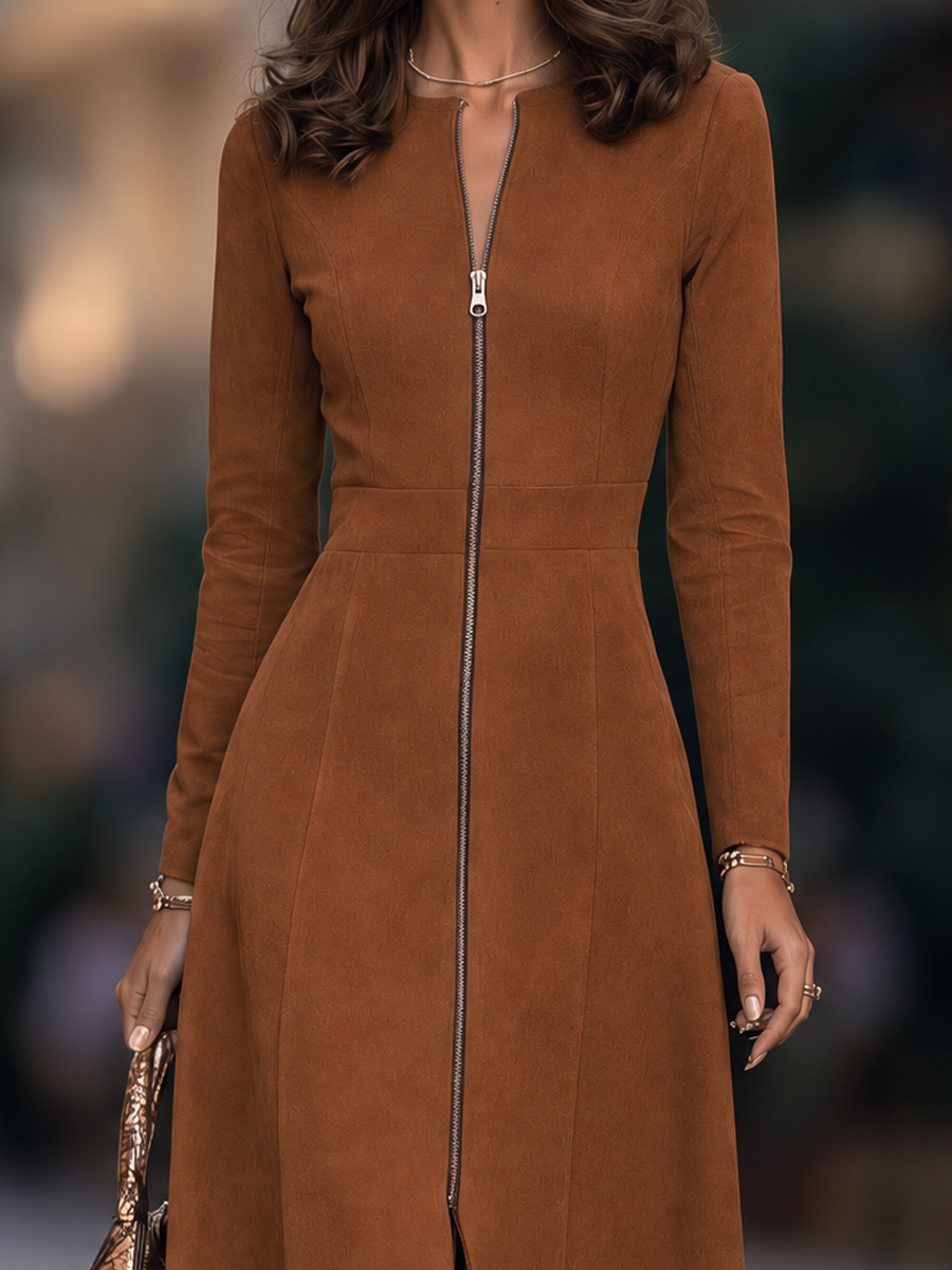 Women's Suede Front-Zip Long Sleeve Midi Dress Elegant A-Line Fit