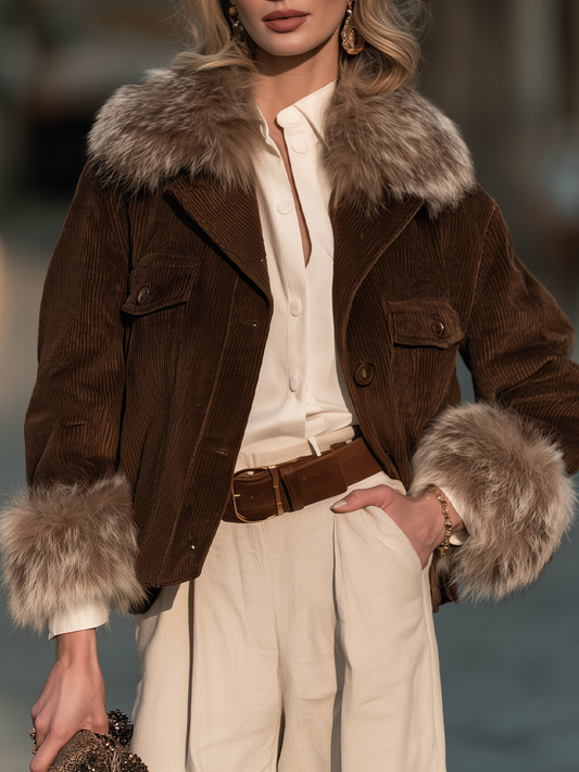 Women's Faux Fur Trim Corduroy Cropped Jacket