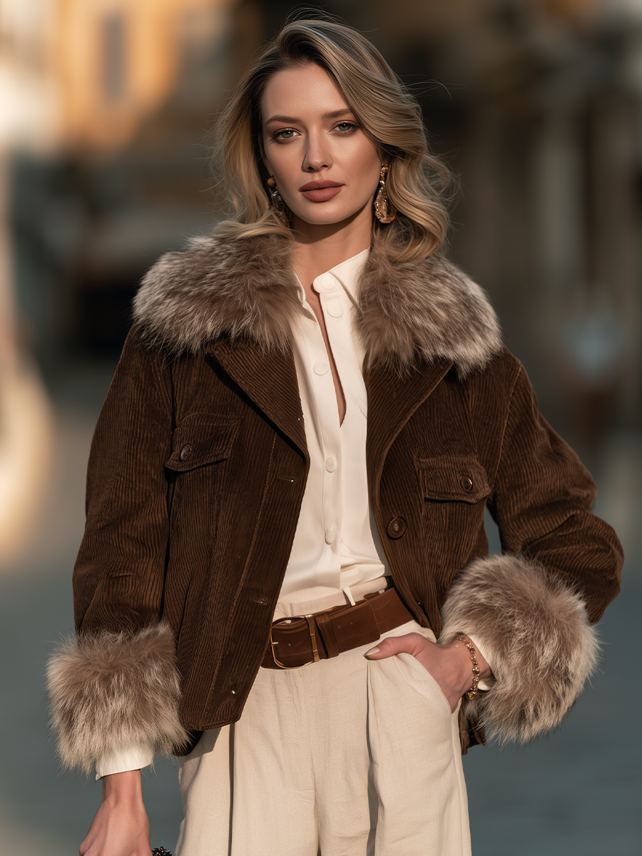 Women's Faux Fur Trim Corduroy Cropped Jacket