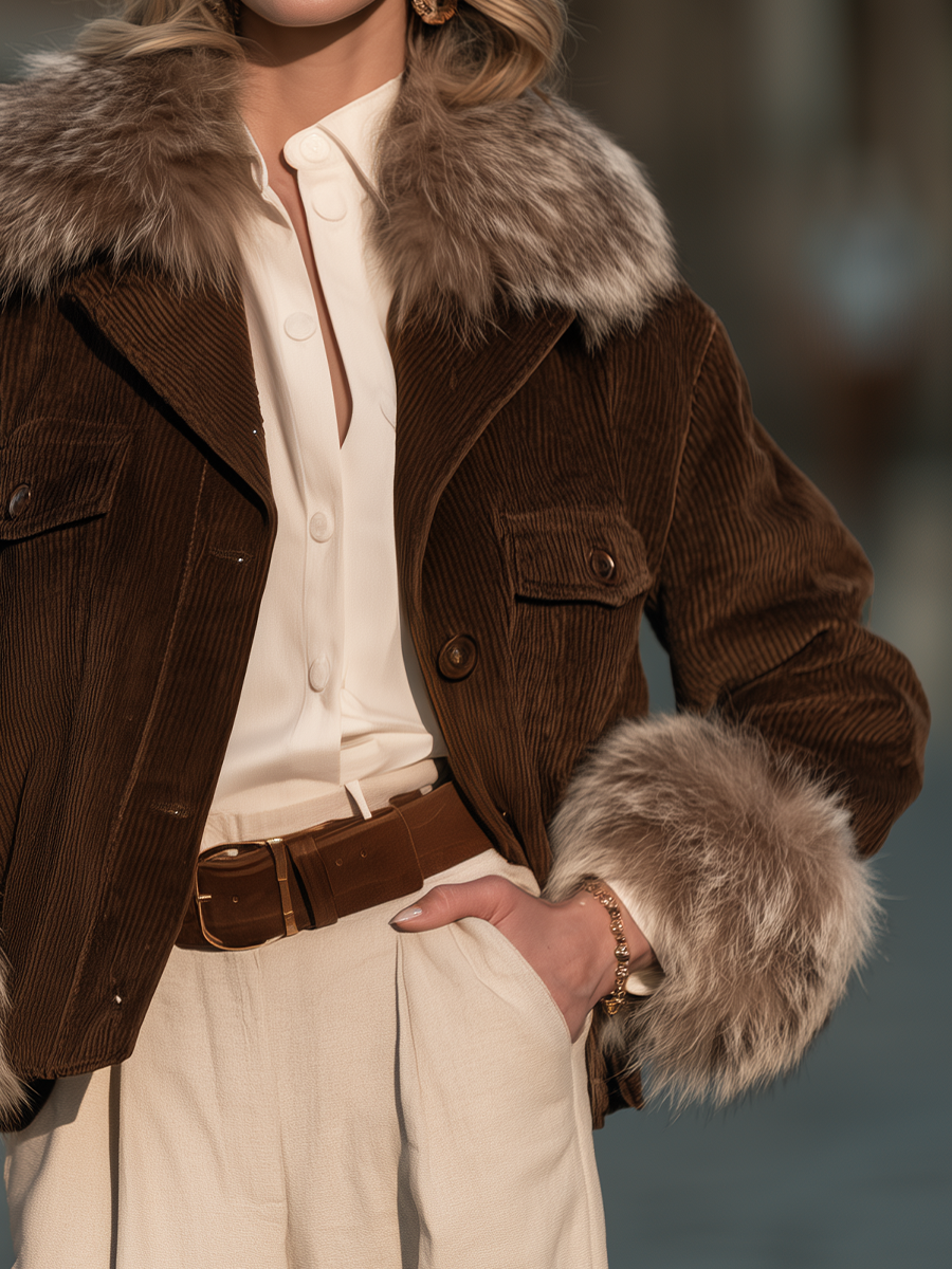 Women's Faux Fur Trim Corduroy Cropped Jacket