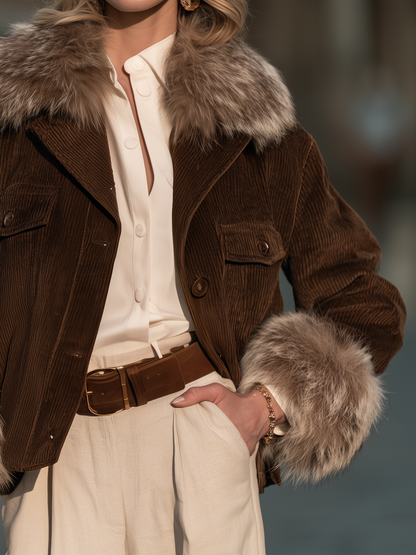Women's Faux Fur Trim Corduroy Cropped Jacket