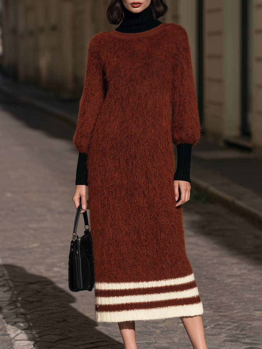 Fuzzy-Knit Layered-Look Midi Dress