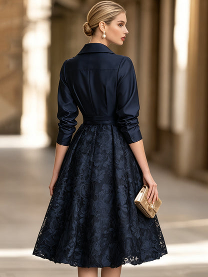 Lapel Collar Satin And Lace Patchwork Belted Midi Dress