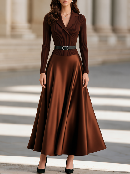 Elegant Lapel Ribbed Knit & Satin Patchwork Maxi Dress
