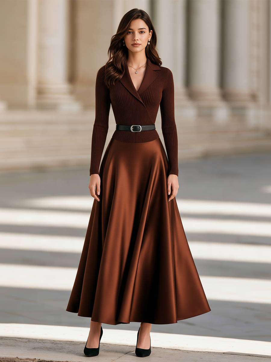 Elegant Lapel Ribbed Knit & Satin Patchwork Maxi Dress