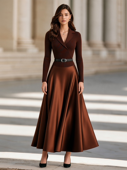 Elegant Lapel Ribbed Knit & Satin Patchwork Maxi Dress