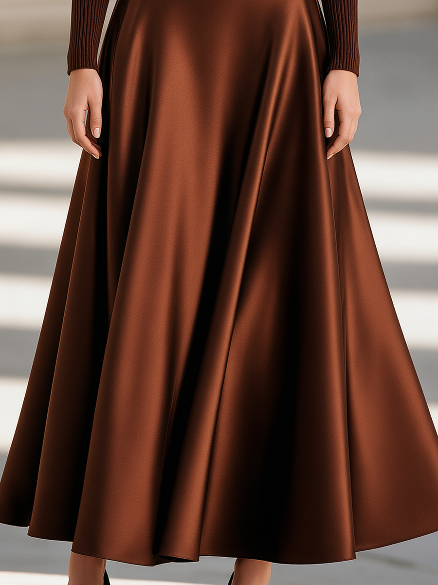 Elegant Lapel Ribbed Knit & Satin Patchwork Maxi Dress