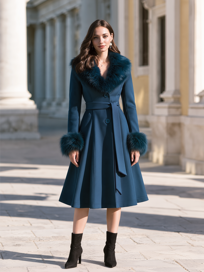 Elegant Faux Fur Trim Belted Midi Wool Blend Coat