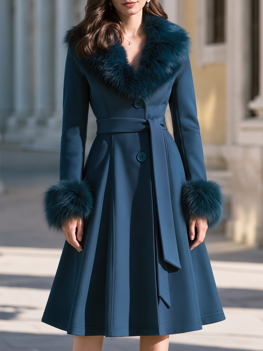 Elegant Faux Fur Trim Belted Midi Wool Blend Coat