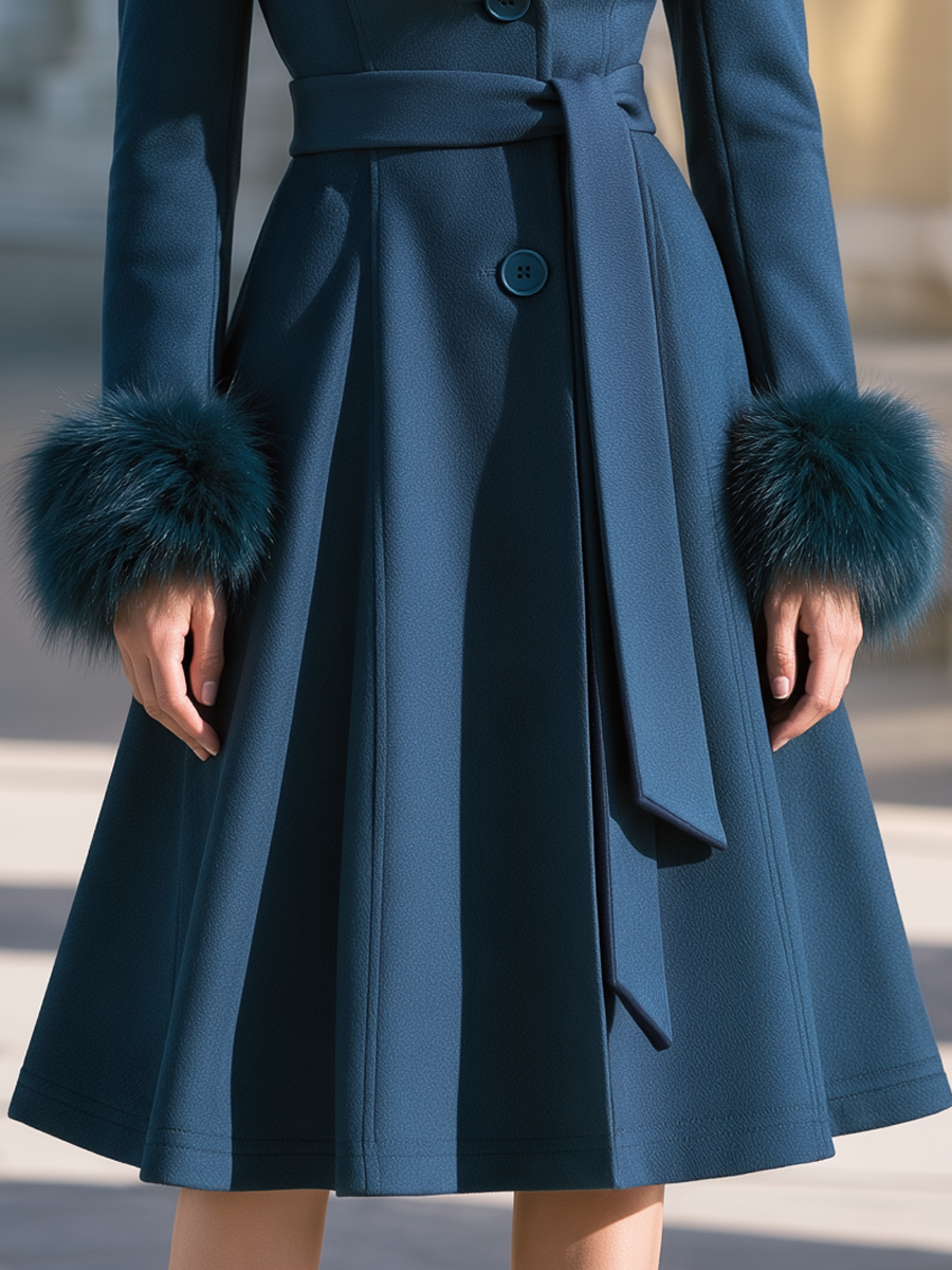 Elegant Faux Fur Trim Belted Midi Wool Blend Coat