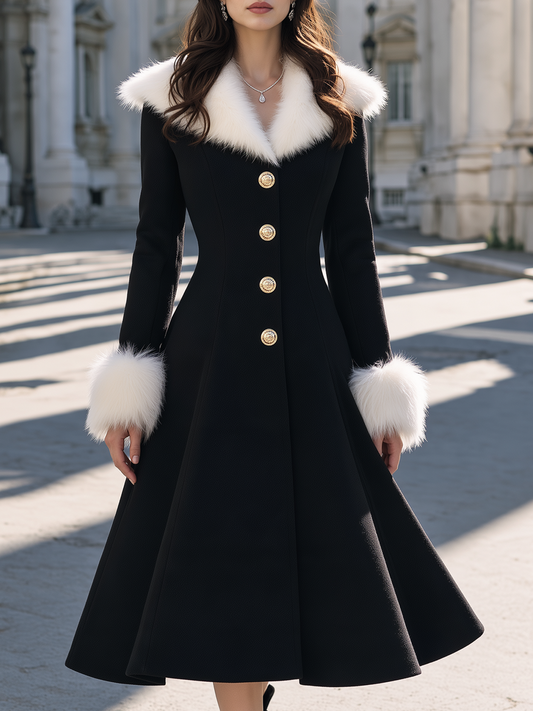 Elegant Faux Fur Trim Fitted Waist A-Line Long Coat