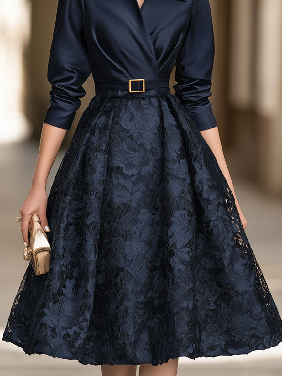 Lapel Collar Satin And Lace Patchwork Belted Midi Dress