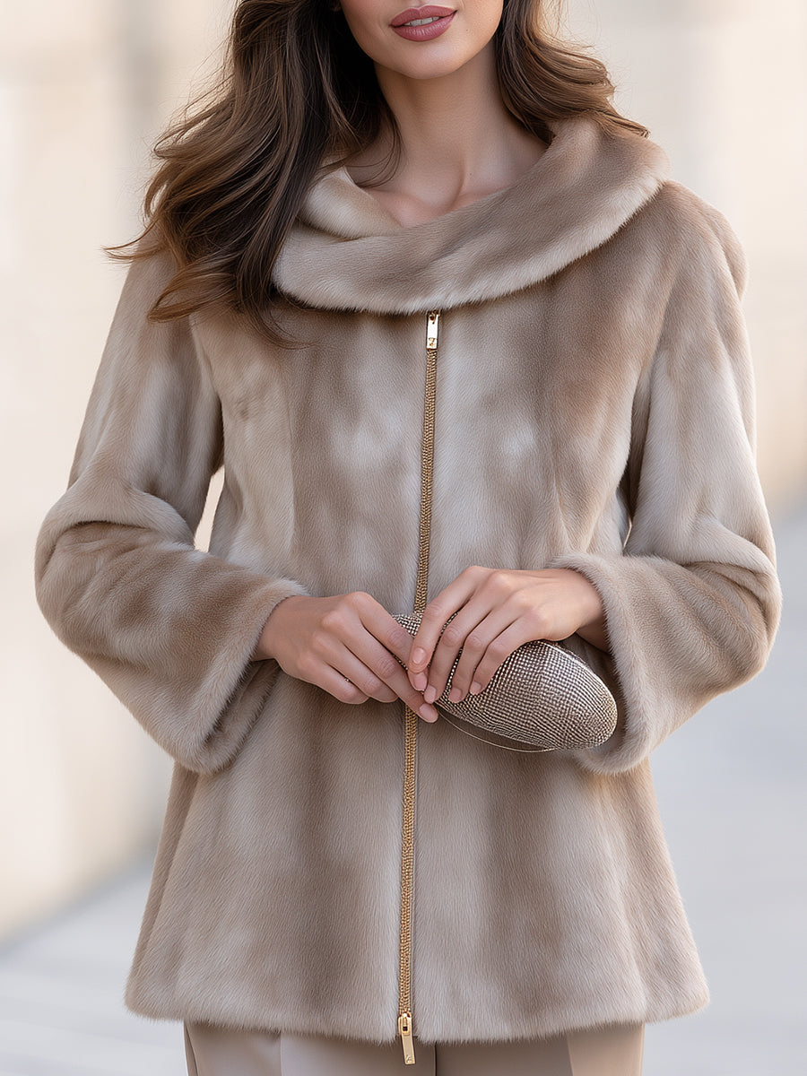 Luxury Faux Fur Jacket with Oversized Collar & Gold Zip