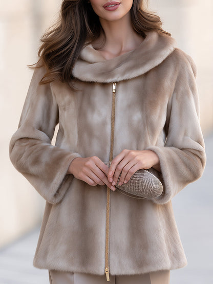 Luxury Faux Fur Jacket with Oversized Collar & Gold Zip