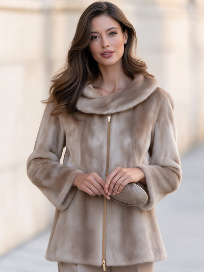 Luxury Faux Fur Jacket with Oversized Collar & Gold Zip