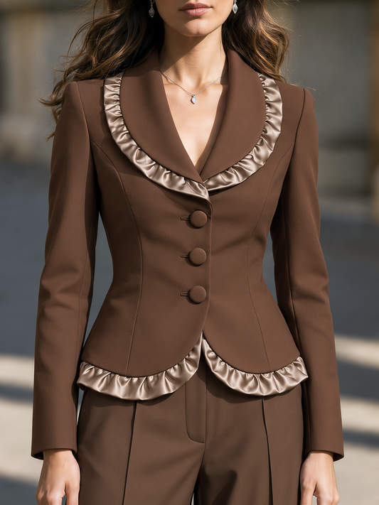 Satin Ruffle Trim Shawl Collar Single Breasted Fitted Blazer