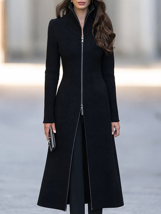 Long Ribbed Knit Zip-up Cardigan
