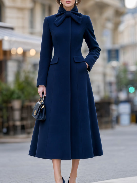 Bow Tie Collar Flared Midi Coat Dress