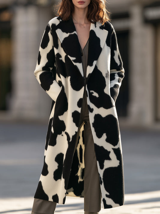 Animal Jacquard Notch Lapel Longline Knit Coat With Slash Pockets